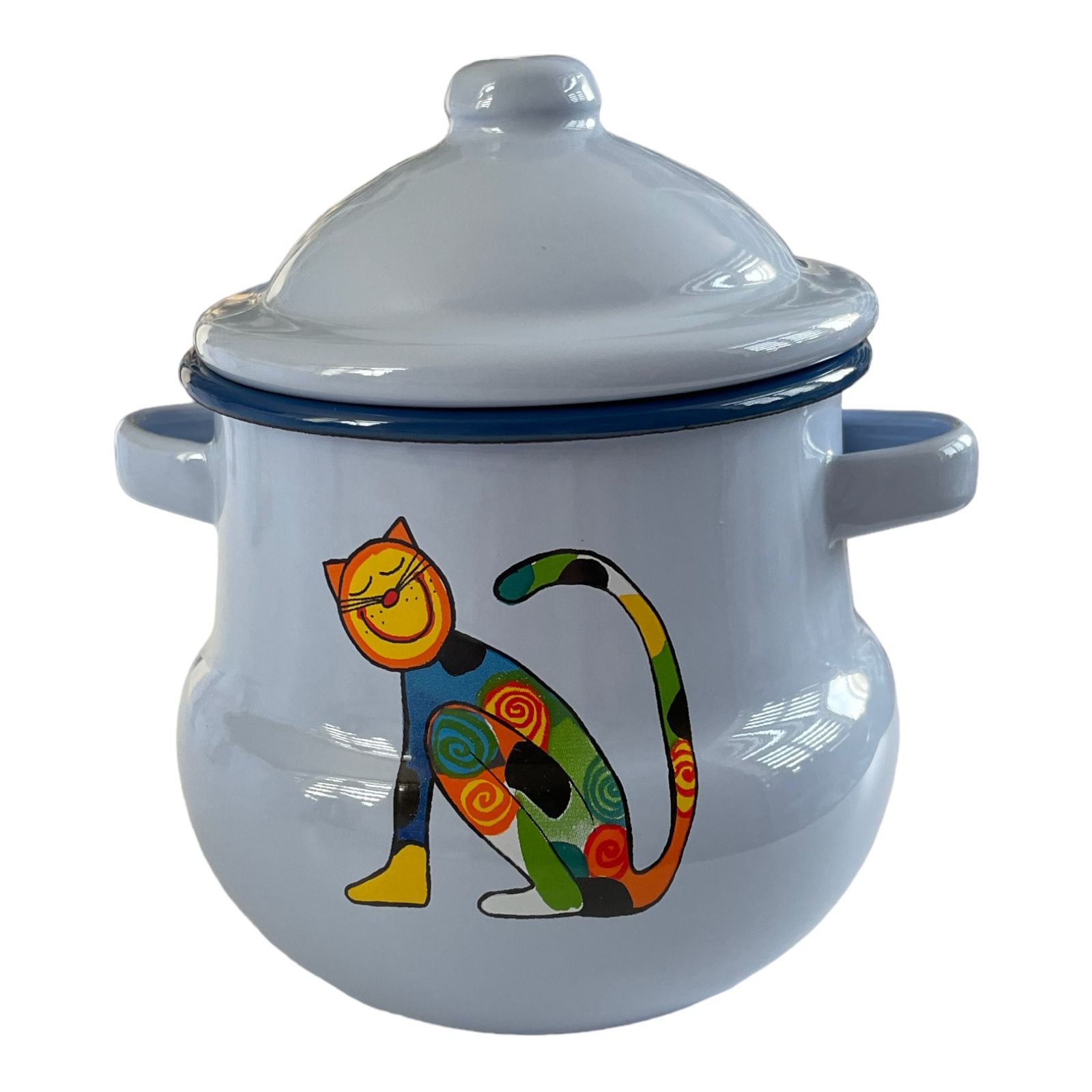 Emaye Kulplu Kavanoz-Mavi Oturan Benekli Kedi,