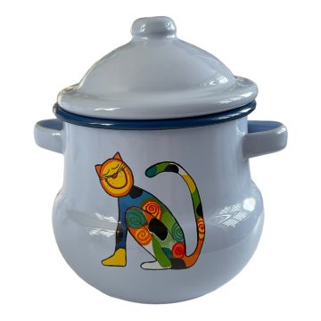 Emaye Kulplu Kavanoz-Mavi Oturan Benekli Kedi,