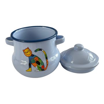 Emaye Kulplu Kavanoz-Mavi Oturan Benekli Kedi,