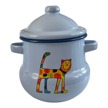 Emaye Kulplu Kavanoz-Mavi Ayakta Benekli Kedi