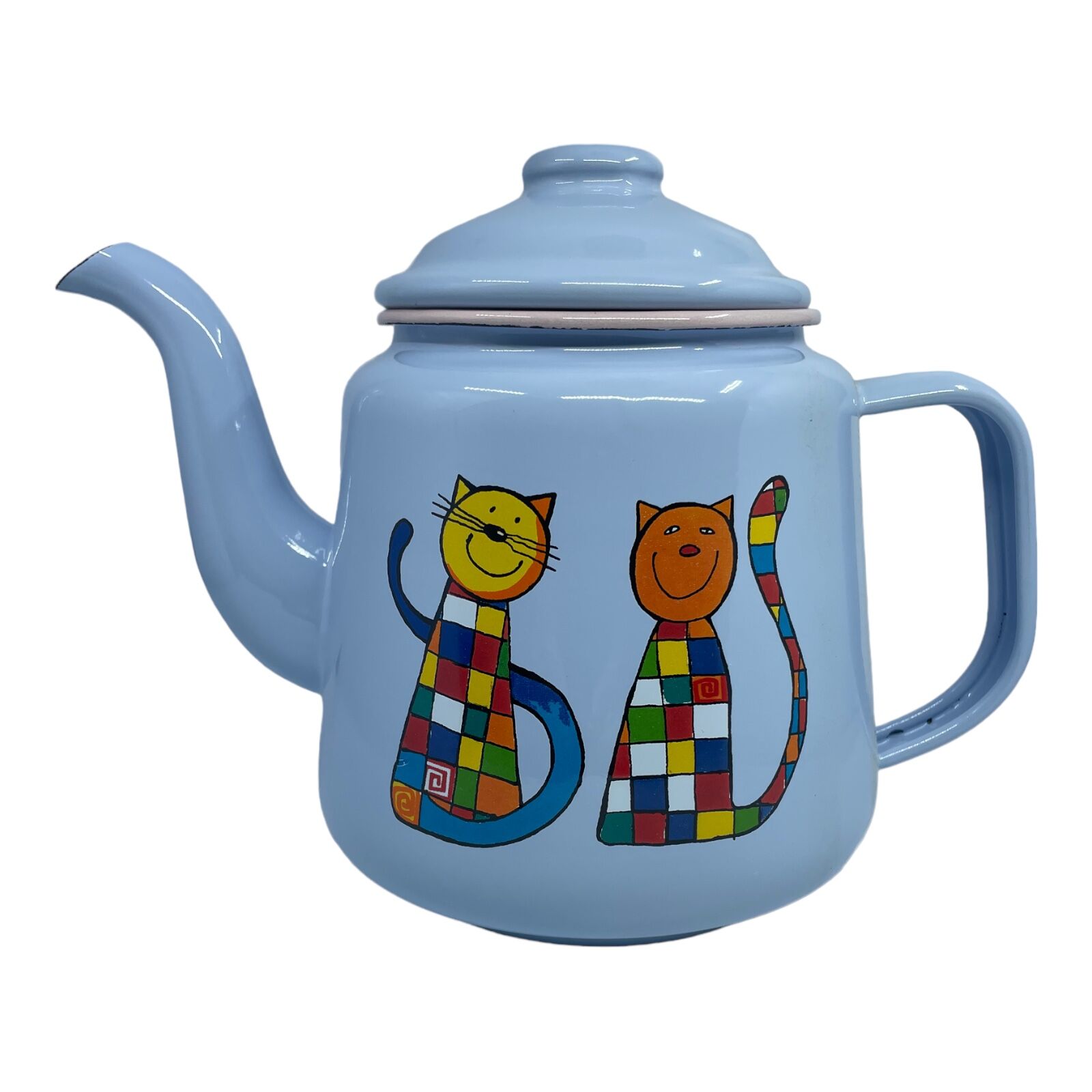 Emaye Konik Çay Demliği -Açık Mavi Kareli Kedi